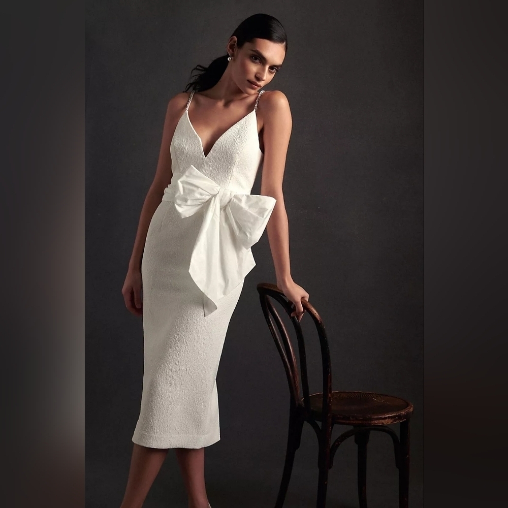 Rebecca Vallance Bridal Genevieve Bow Trimmed Crepe Midi Dress White